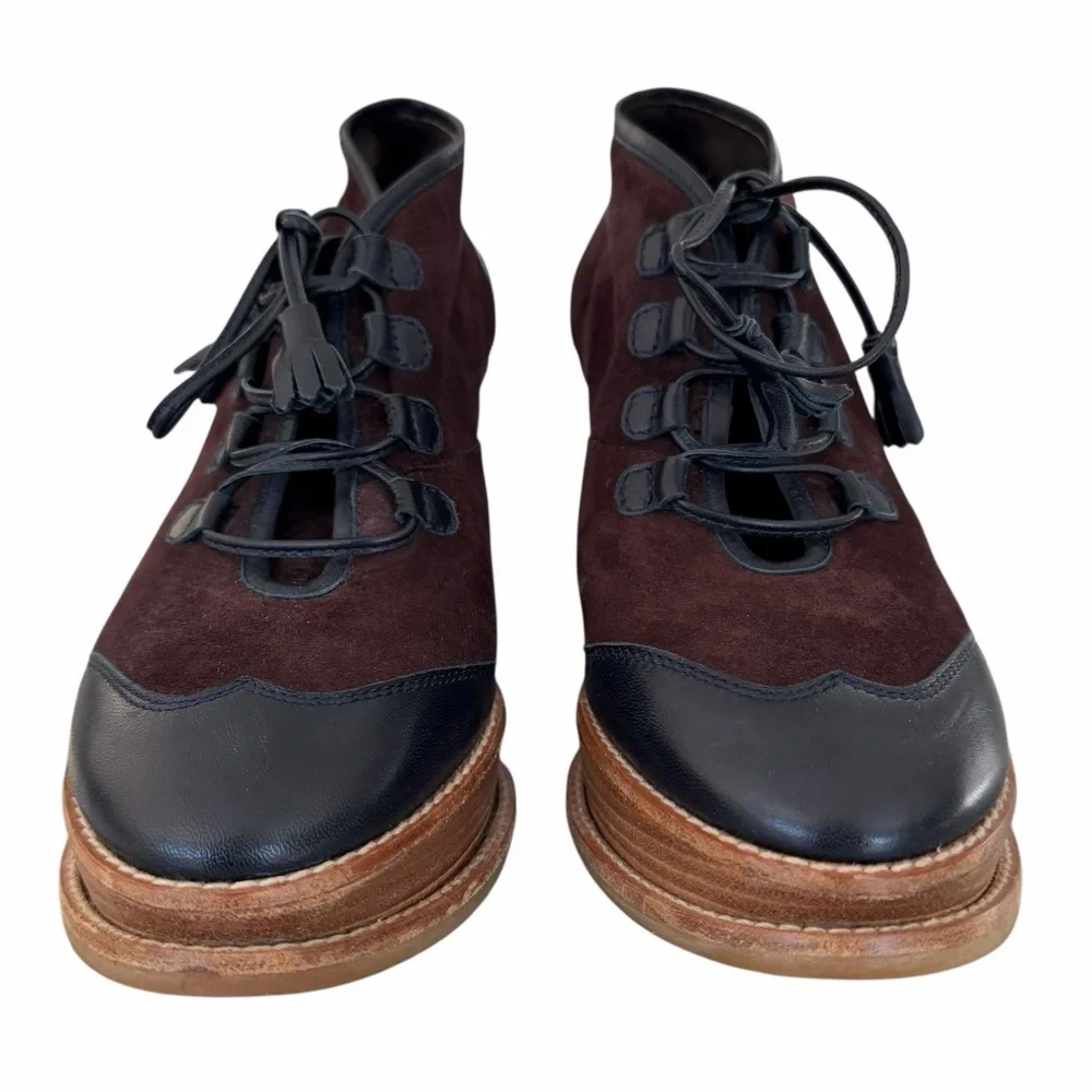 Comptoir des Cotonniers Navy Leather Brown Suede Fringe Lace Up Ankle Boots